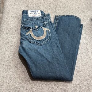 True Religion Men's Blue Jeans with Tan Accents